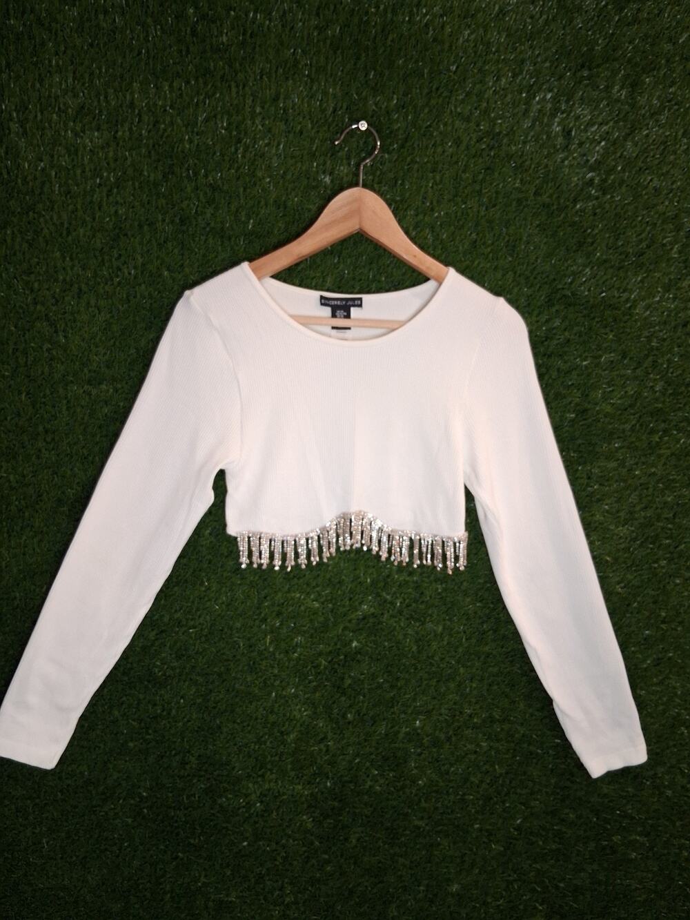 Sincerely Jules White Ribbed Long Sleeve Crop Top Rhinestone Fringe Tassel Sz XL